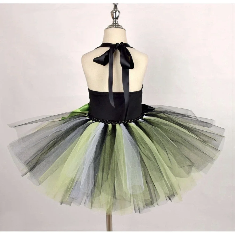 Girls Beetlejuice Inspired Halloween Costume Tutu Dress & Headband Set Green 5-6